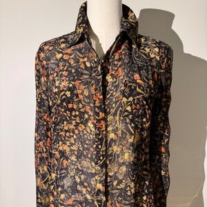 Peruvian Connection, Viscose Sheer Blouse, Black with Floral Blouse, Size S